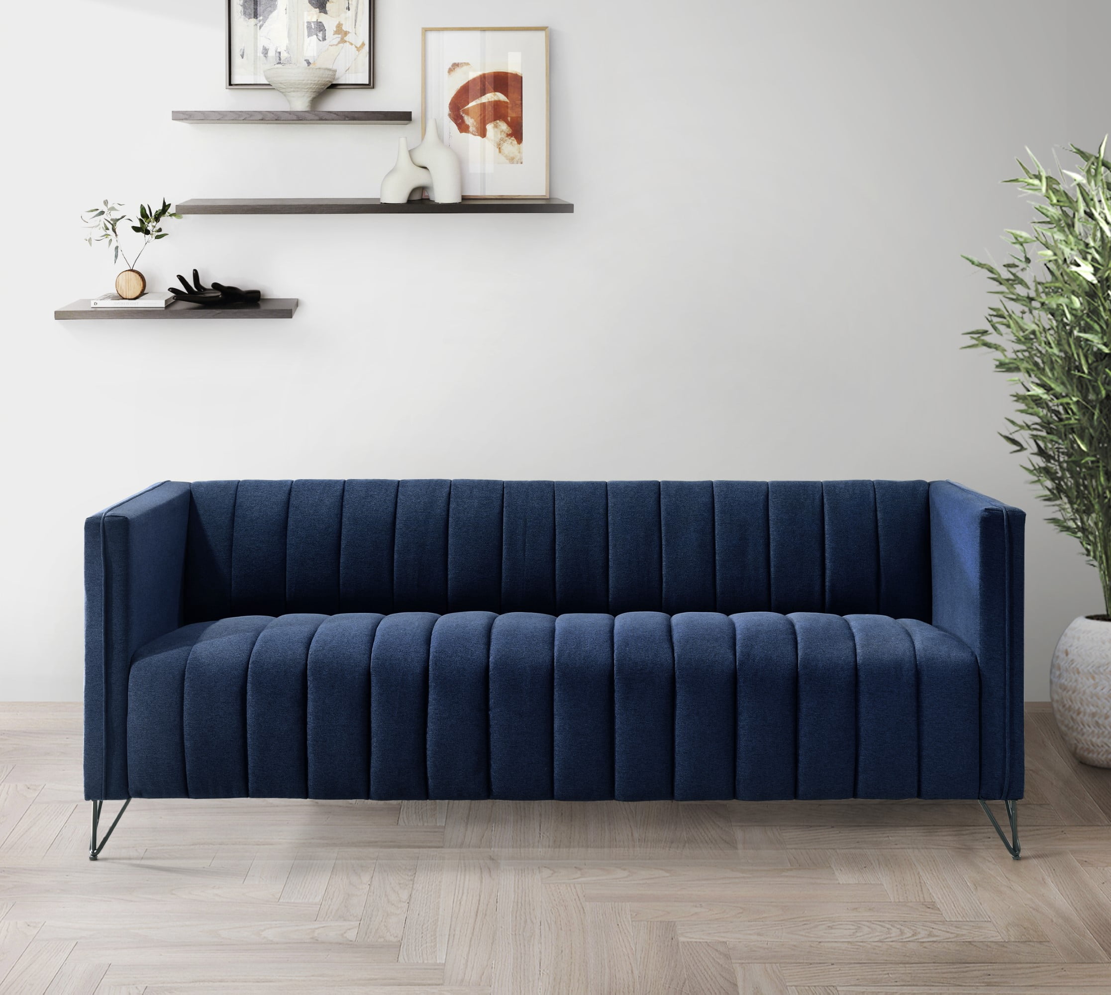 Home Design Kurtis Square Arm Sofa with Tufted Velvet Upholstery and Gold Metal Legs, Flared Arms, Modern Living Room Seating, Blue