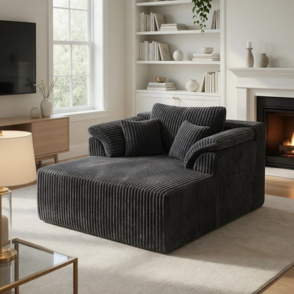 60" Chaise Lounge Chair, Oversized Corduroy Boneless Sofa Bed, Deep Seat Cloud Couch for Living Room, No Assembly, Grey