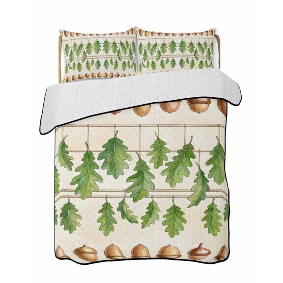 Twin XL Quilt Bedding Set, Summer Botanical Reversible Summer Quilt 3 Pieces, Acorn Spring Plant Leaves Ombre Lightweight Bedspreads Coverlets with 2 Pillow Shams for All Seasons