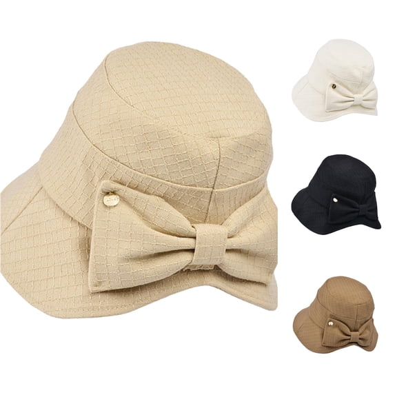 Minimalist Solid‑Color Side Bow Basin Hat Soft Woven Texture Wide Brim Ladies Literary‑style Outdoor Sun‑Protection Head‑Accessory