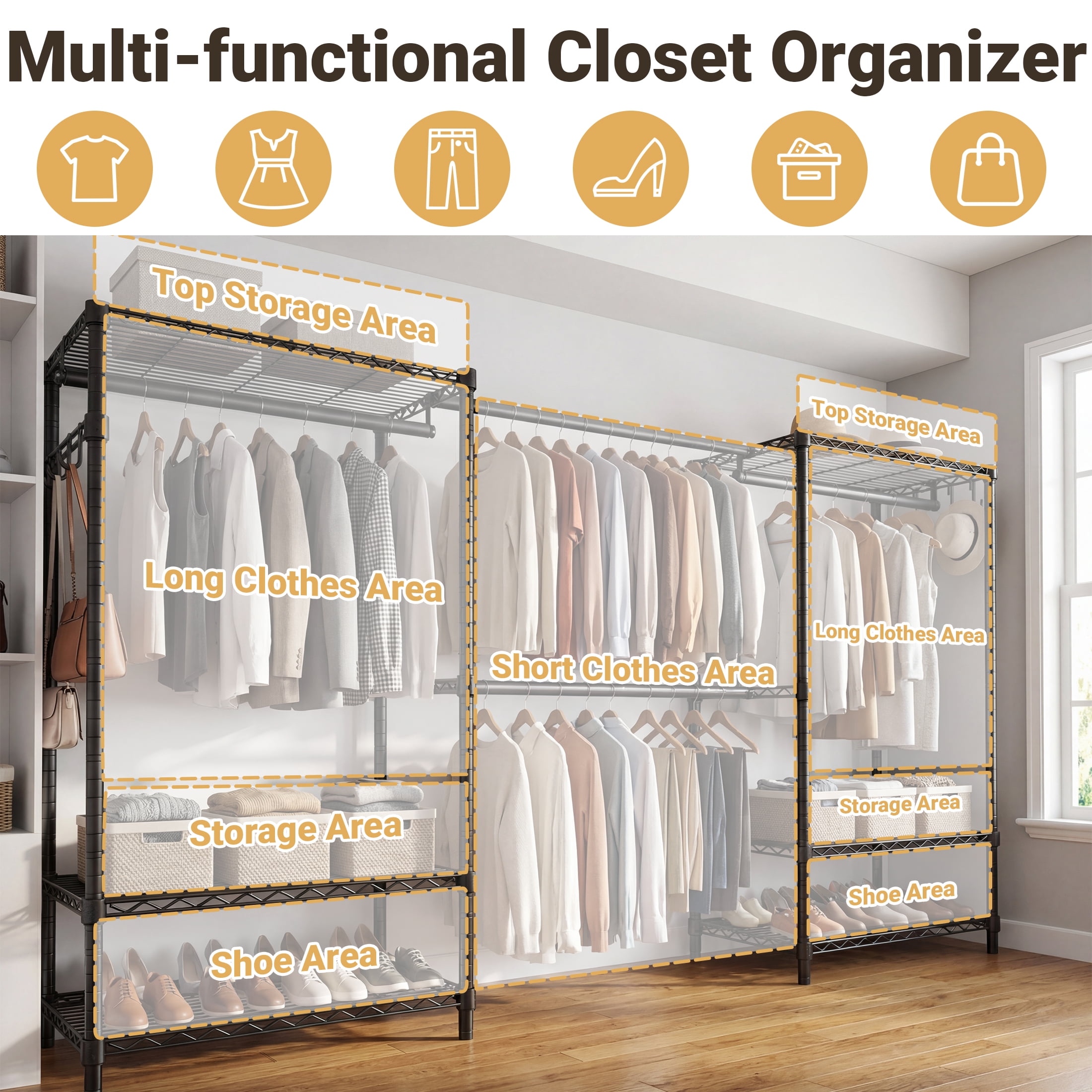 Prilinex Extendable Heavy Duty Clothes Rack with Shelves, Freestanding Clothing Racks for Hanging Clothes, Closet Organizer System, Adjustable Garment Rack, 71.4"H x (71.5"-91.3")W x 14"D, Black