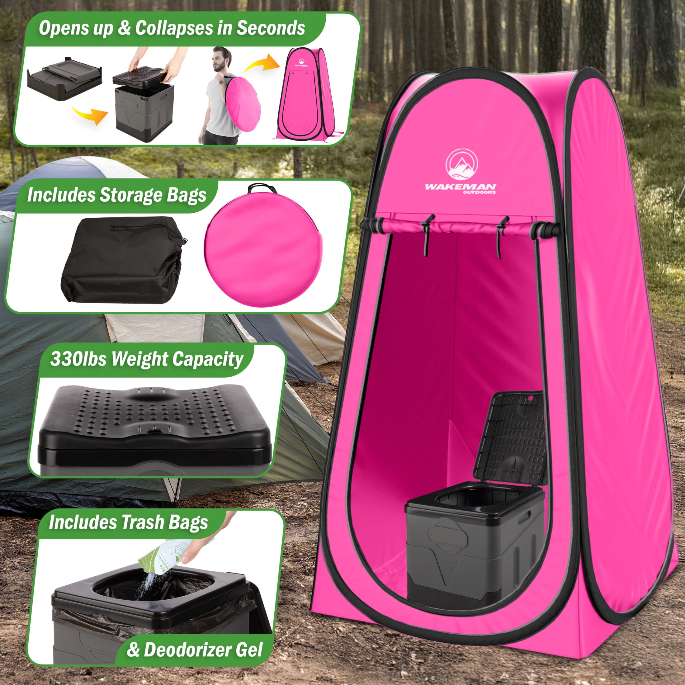 Wakeman Outdoors Camping Toilet Set - Pop Up Privacy Tent and Portable Toilet for Adults, Pink