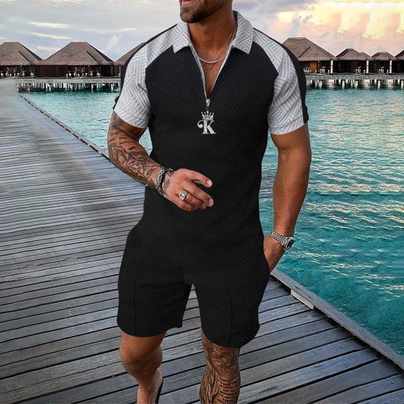 Vedolay Workout Short Sets For Men Men's 2 Piece Linen Sets Button Down Shirt and Casual Beach Shorts Summer Outfits,Black 5XL