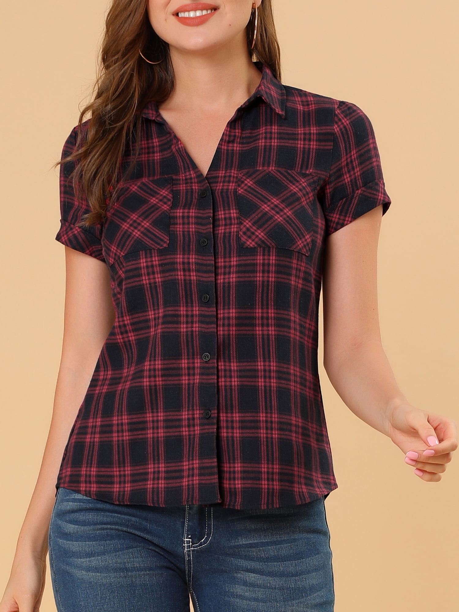 DARING DIVA Women's Casual Boyfriend Plaid Button Down Flannel Shirt M Red Black