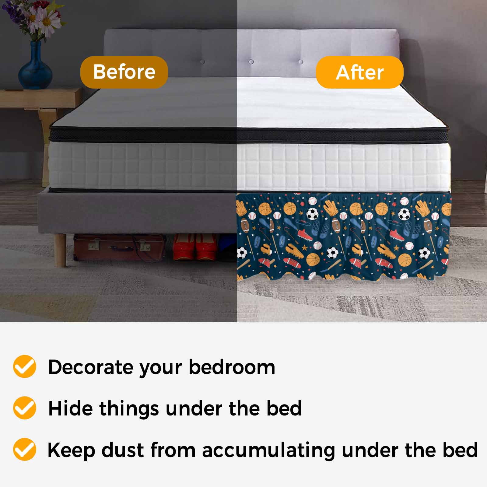 Sports Theme Bed Skirt Queen Size,Cartoon Soccer Baseball Basketball Star Blue Wrap Around Bed Skirting with Adjustable Elastic Strap,Dust Ruffle Pleated Bedskirts 16 Inch Drop for Bedroom Queen Beds
