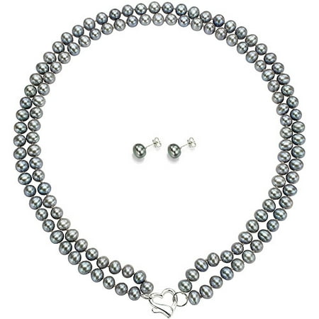 Double Row 7-8mm Grey Freshwater Pearl Heart-Shape Sterling Silver Clasp Necklace (18) with Bonus Pearl Stud Earrings