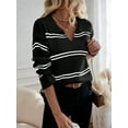 thumbnail image 4 of Women'S Casual Striped Long Sleeve V Neck Lightweights Pullover Sweater Loose Fit Drop Shoulder Knitted Shirt Tops Black L, 4 of 8