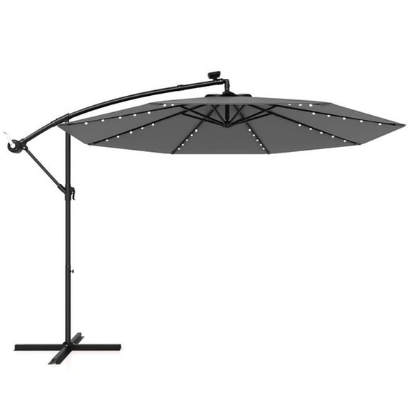 Kepooman Outdoor Patio Umbrella,Patio Umbrella,10 Feet Solar Offset Hanging Umbrella with 40 Lamp Beads and Solar Panel-Gray