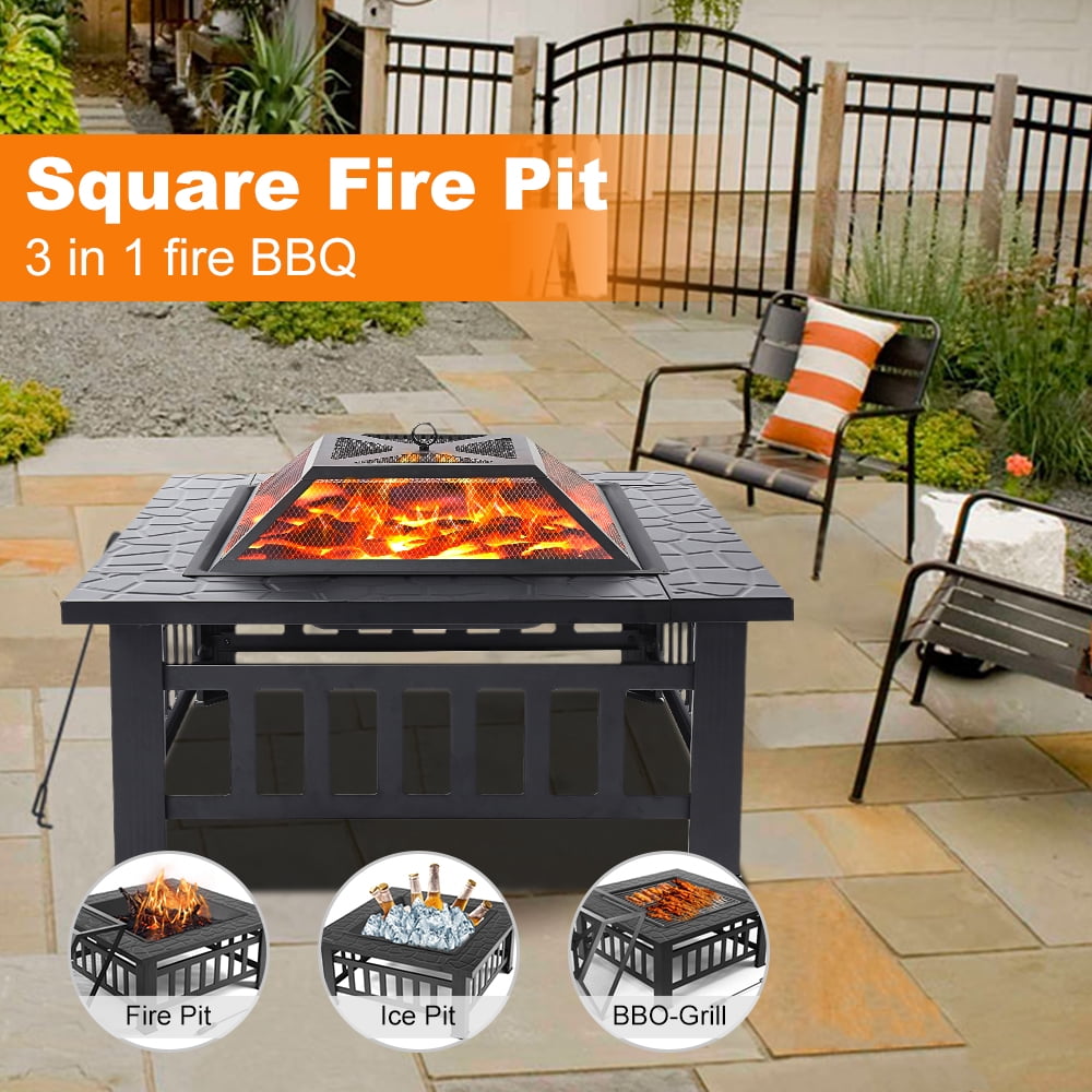 32'' Square Garden Fire Pit w/Grill&Cover Large Outdoor Heater BBQ Ice Stove 