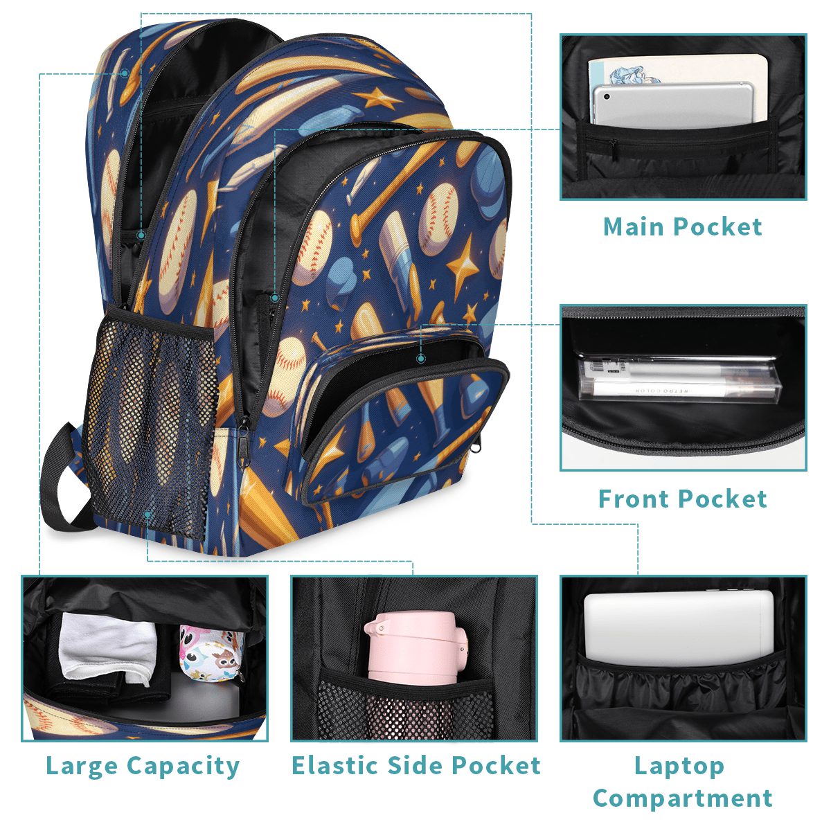 Herdesigns Baseball Bat Laptop Backpack for Women Men, 18.3 Inch Star Large Computer Backpacks Fashion Teacher Nurse Bag Casual Daypack for Work Travel