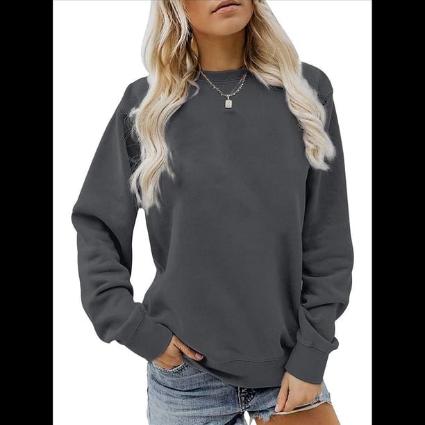 Sudaderas Informales de Cuello Redondo para Mujer, Camisetas de Larga y Corte Holgado para Otoño. Gris Oscuro L