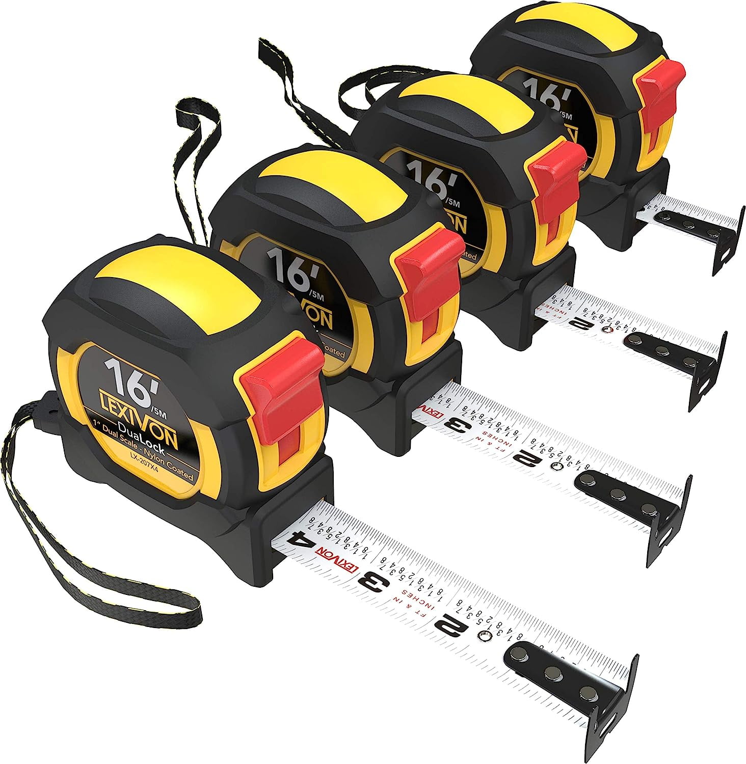 LEXIVON [4-Pack] 16Ft/5m DuaLock Tape Measure | 1-Inch Wide Blade with Nylon side, Matte Finish White & Yellow Dual Sided Rule Print | Ft/Inch/Fractions/Metric (LX-207X4)