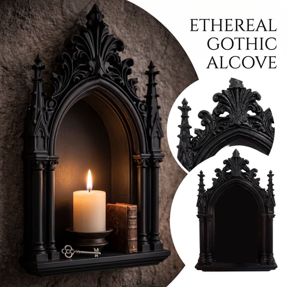 MInHoues Halloween Black Resin Gothic Cathedral Arch Frame Display Shelf, 6.69"Vintage Gothic Cathedral Tabletop Wall Mount Decor, Dark Aesthetic Display Frame for Halloween Home Living Room Decor