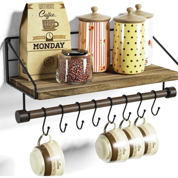 Floating Shelf with Towel Bar, Carbonized Black Wood Wall Shelf, 40 lb Capacity, Farmhouse Kitchen Storage