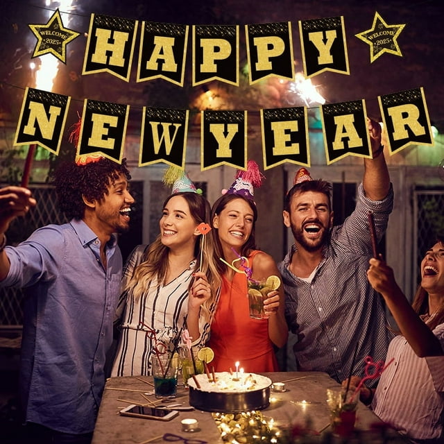 New Year Hanging Swirls Decorations & Happy New Year Banner 2025, Black Gold Hanging Decor Happy New Year Banner for Ceiling Wall