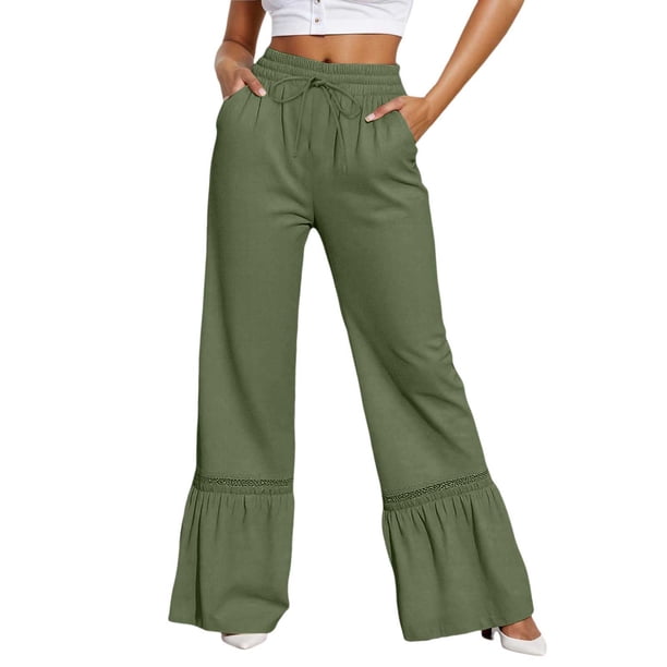 Pantalones casuales de pierna ancha para mujer - Dobladillo con volantes y ribete de encaje, cordón, poliéster, vacaciones/fiesta, S-XXL