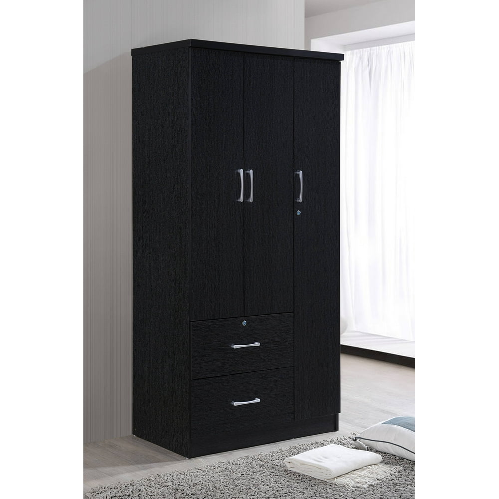 Hodedah 3 Door Bedroom Armoire with Drawers, Black Finish