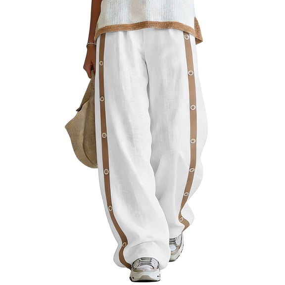 Lenpel Wide Leg Pants for Women Lounge Fashion Side Button Block Color Baggy Trousers Loose Comfy Elastic Waist Slacks