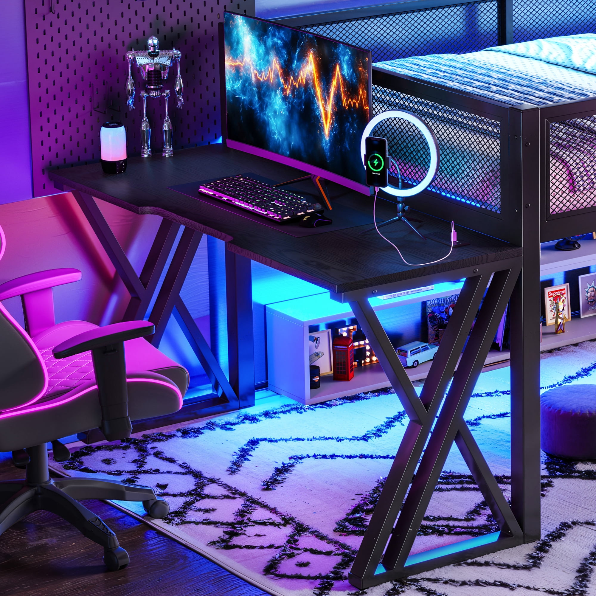 Leumius Full Size Loft Bed with Gaming Desk,Metal Loft Bed Frame with Full Length Guardrail,LED Lights and USB Ports,Space-Saving,Black