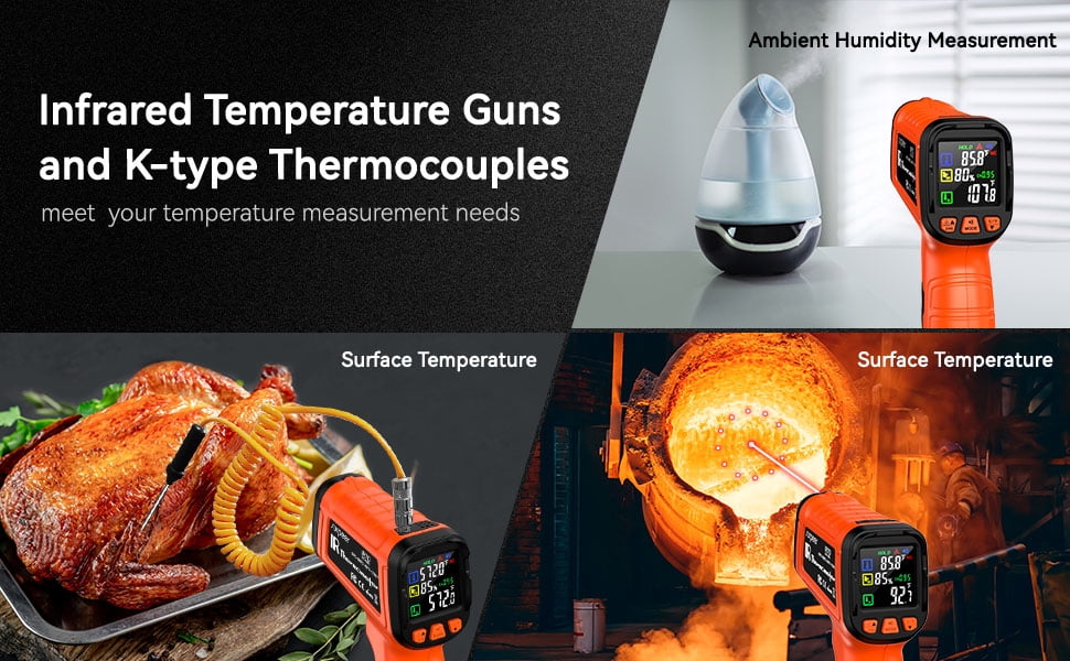 -58°F to 1796°F Infrared Thermometer Gun 16:1 with K-Type Probe，Humidity Display，Industrial & Home