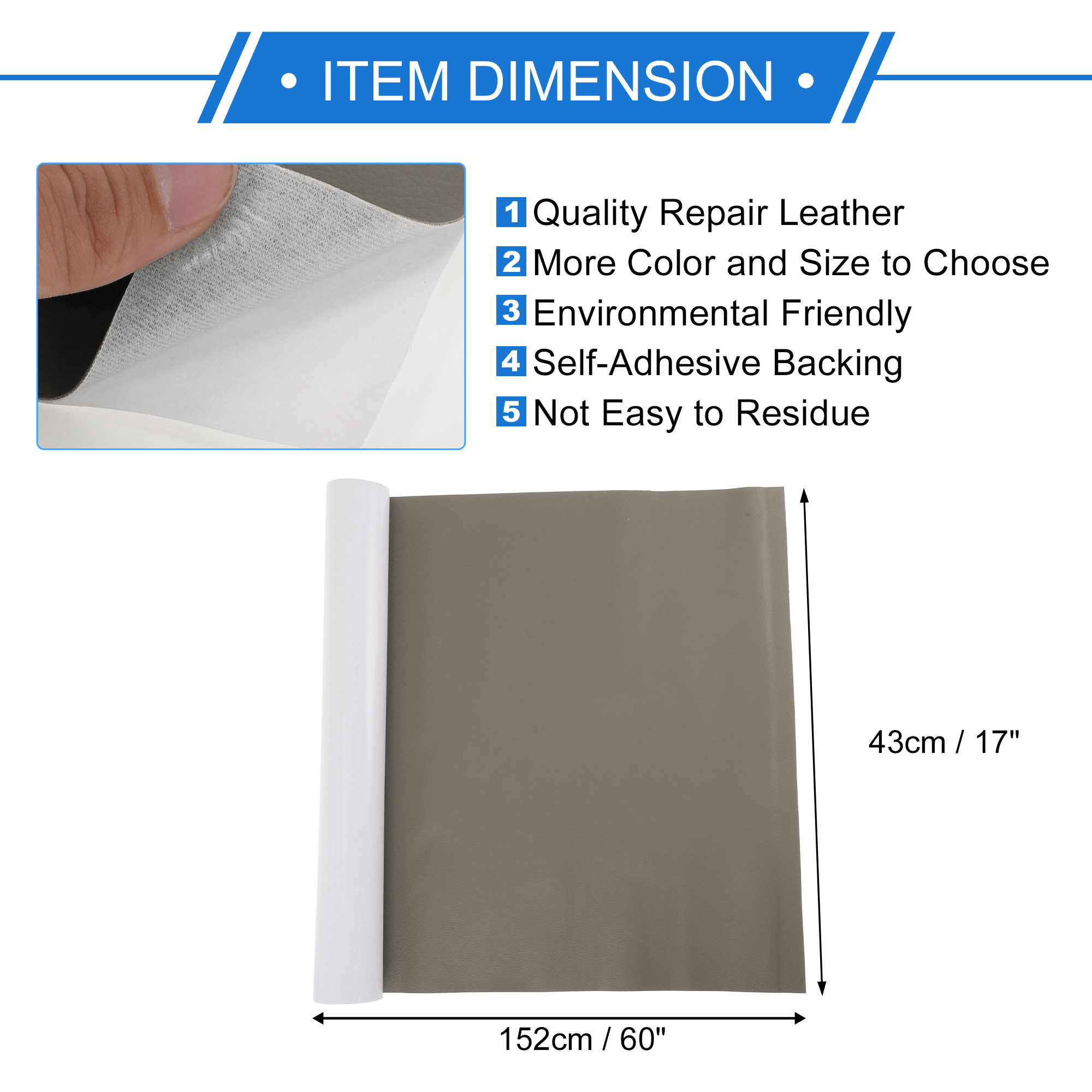 Unique Bargains Self Adhesive Leather Repair Patch Leather Repair Tape for Automotive Car Seat Sofa Couches Chair Interior Trim Dark Gray 60" x 17"