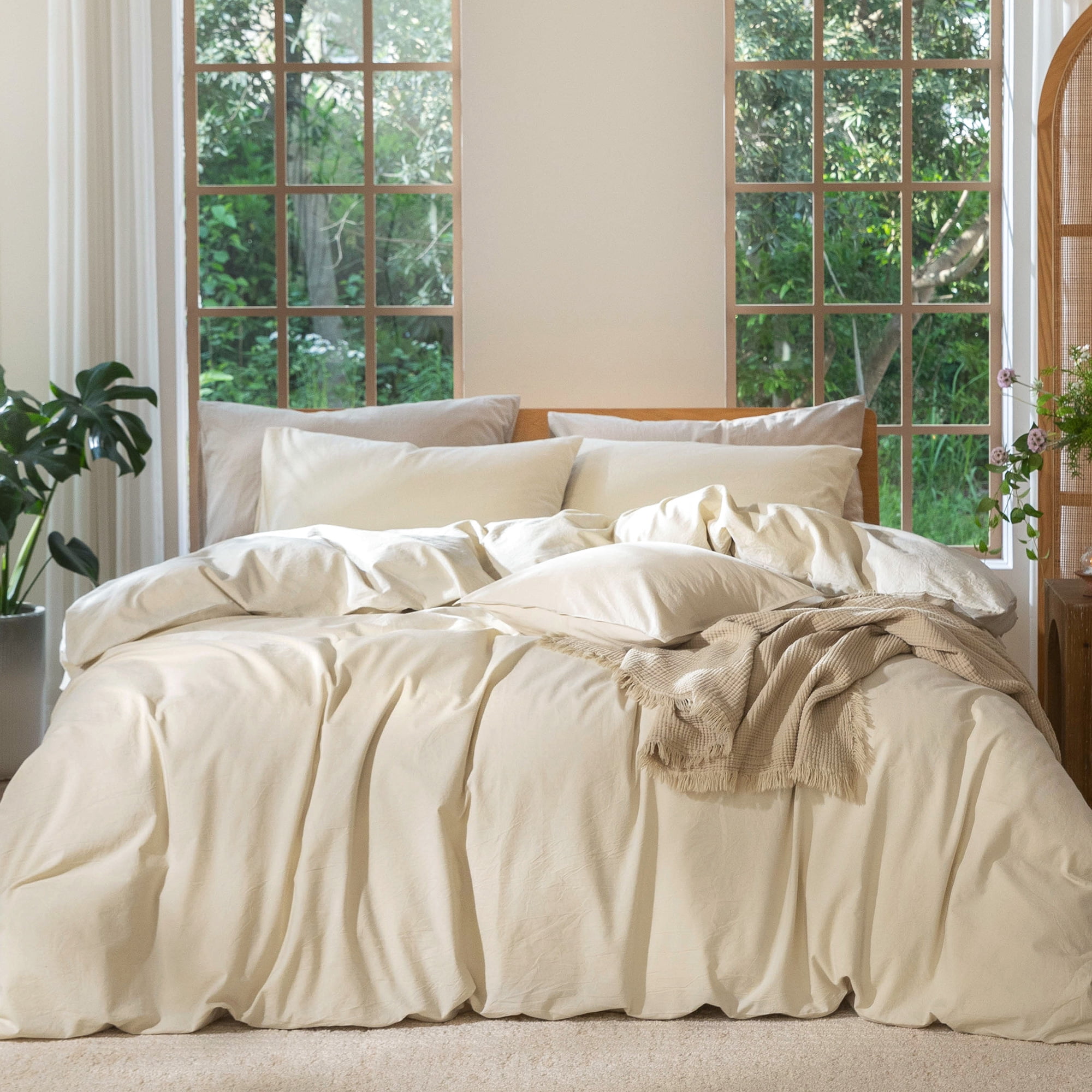 MooMee 100% Washed Cotton Duvet Cover Set Full Size Linen Like Textured Breathable 3-Piece (Almond Milk Grey, 80"x90")