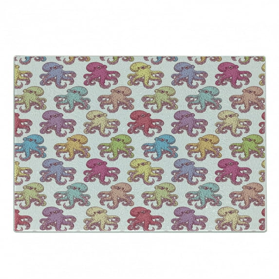 Octopus Cutting Board, Hand Drawn Animal Pattern with Tentacles Ocean Inspirations Marine Fauna Wildlife, Decorative Tempered Glass Cutting and Serving Board, Small Size, Multicolor, by Ambesonne