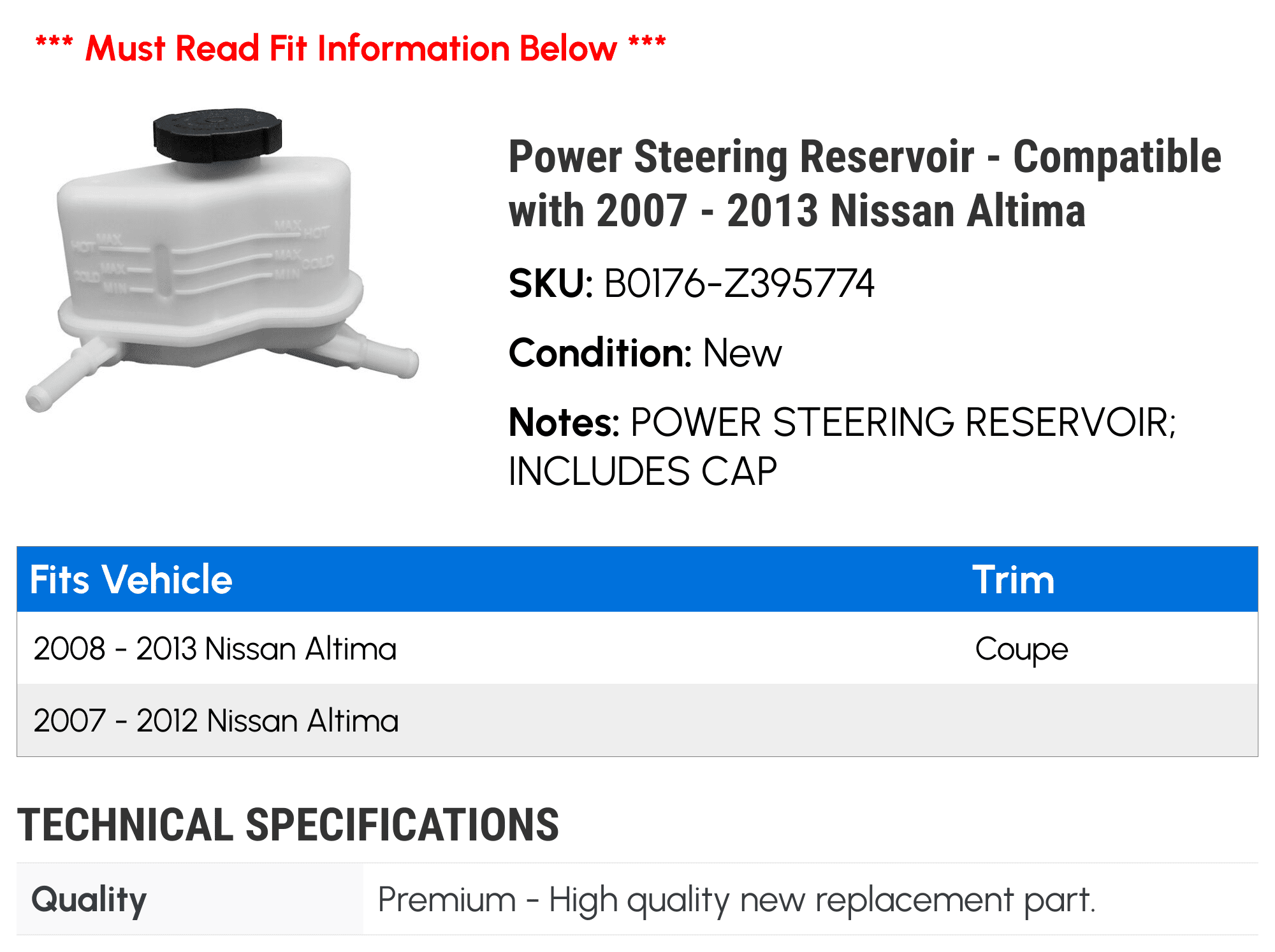 Power Steering Reservoir - Compatible with 2007 - 2013 Nissan Altima 2008 2009 2010 2011 2012