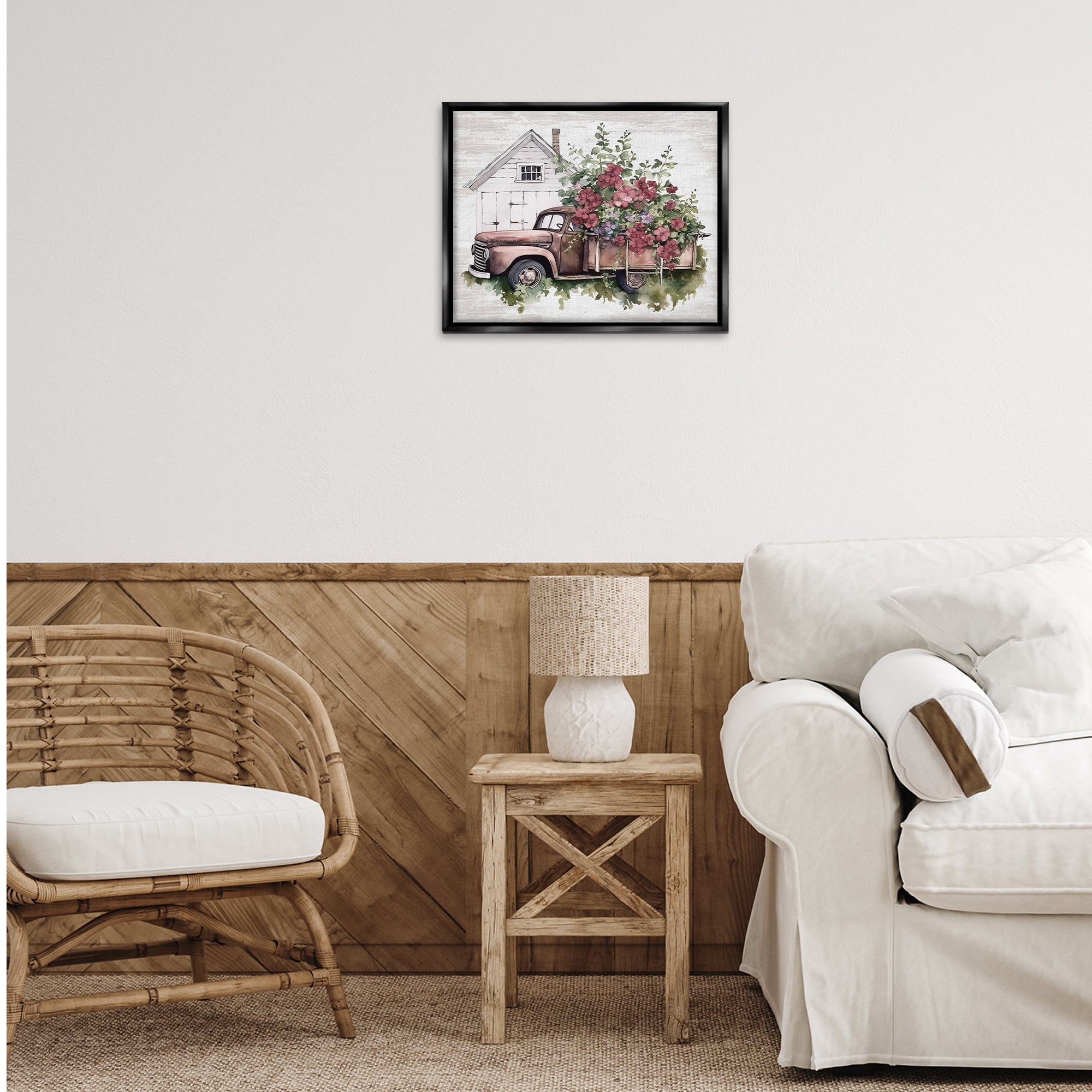 Stupell Industries Burgundy Flowers Truck Transportation Painting Black Floater Framed Canvas Art Print Wall Art, 21 x 17