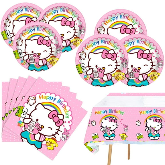 Kitty Birthday Party Supplies, 20 Plates, 20 Napkins and 1 Tablecover for Girls Kitty Party Decorations