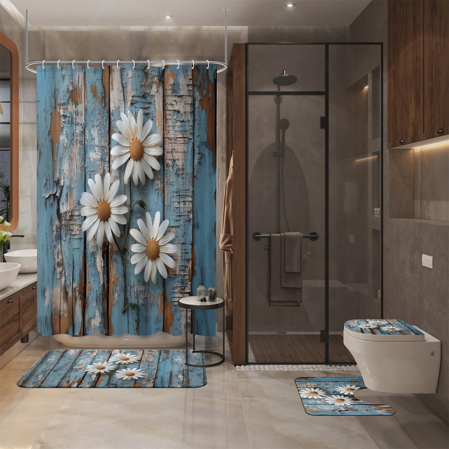 4pcs Rustic Wood and Blue Daisy Floral Farmhouse Shower Curtain Set