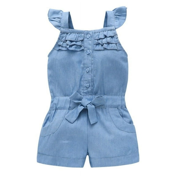 Toddler Baby Girl Summer Jumpsuit Flutter SleeveRuffle Romper,One-Piece Buttom Down Playsuit Outfit Overalls Bowknot Elastic Waist Bodysuit with Pockets Shorts Onesise Outfit for Little Girls 0-4T,