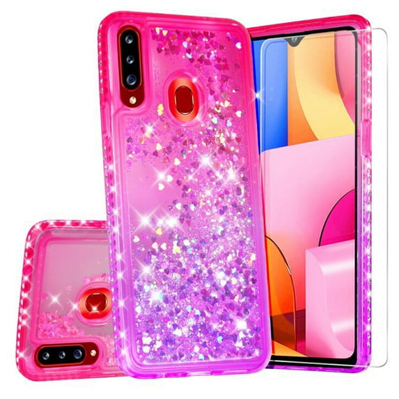 Compatible for Samsung Galaxy A20S Case with Tempered Glass Screen Protector SOGA Diamond Liquid Quicksand Cover Cute Girl Women Phone Case - Pink / Purple