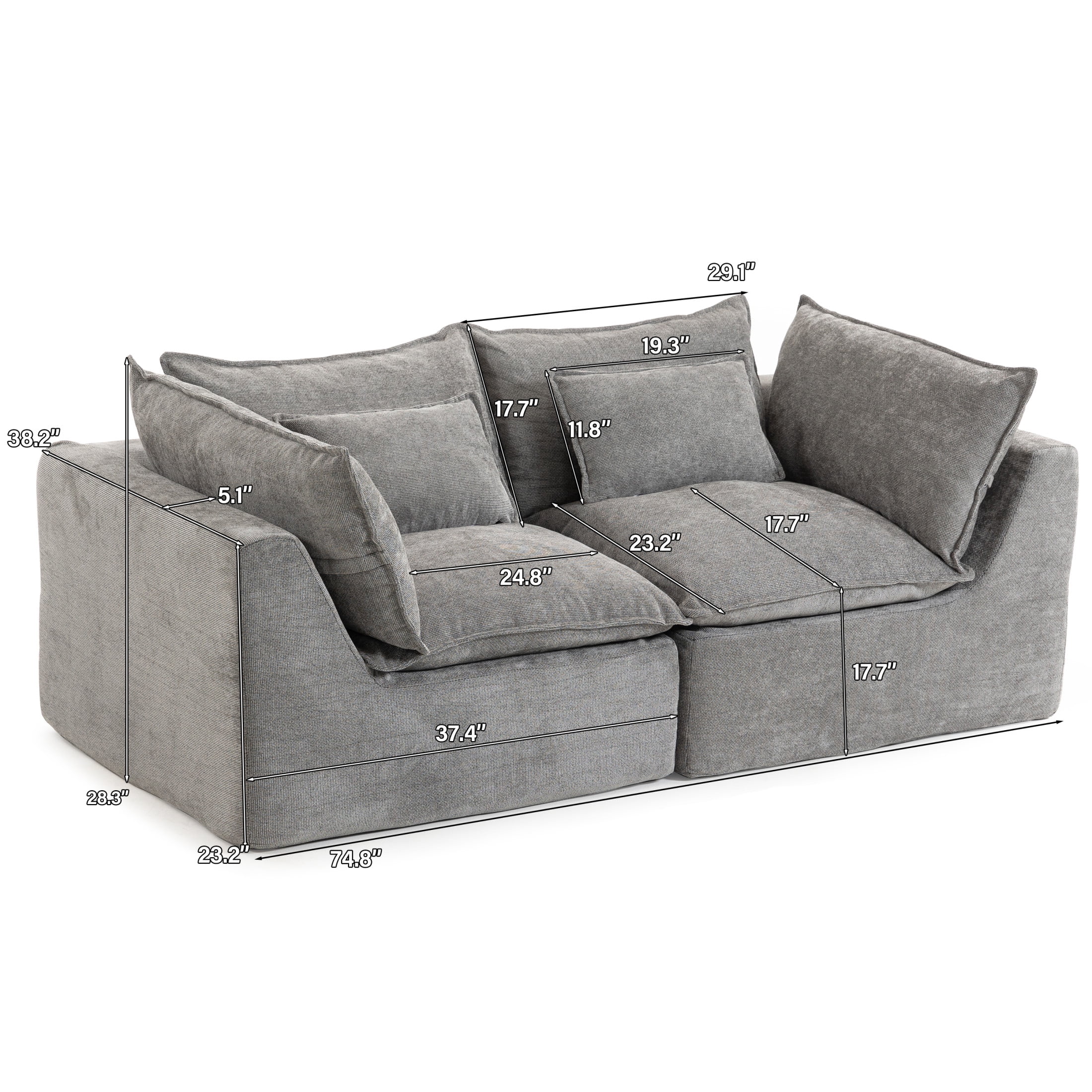 GDF Studio Lunas 74.8" Oversized Modular Cloud Waffle Fabric Sectional Sofa, 2-Seat Comfy Couch for Living Room, Grey