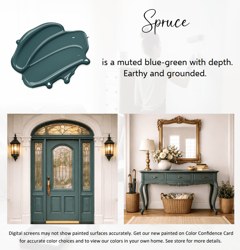 ALL-IN-ONE Paint by Heirloom Traditions, Spruce (Muted Blue Green), Quart - Durable cabinet and furniture paint. Built in primer and top coat, no sanding needed. Includes our 30 featured color card.
