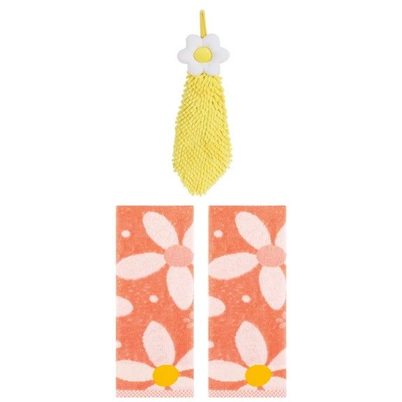 Unique Bargains 3 Pcs Soft Floral Hand Towels Orange/Yellow 13" x 29"/6" x 15"