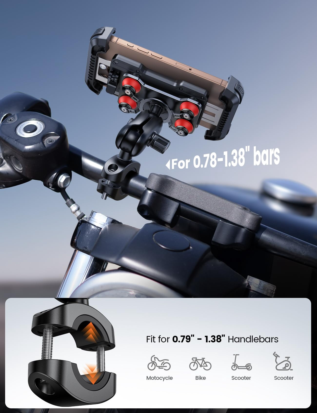 Motorcycle Phone Mount Holder - [Dual Vibration Dampener] [Metal Adjustment Arm] Motorcycle Cell Phone Holder, Bike Handlebar Phone Mount, Gifts for iPhone 16 15 14 Pro Max, 4.7-6.7" Phones