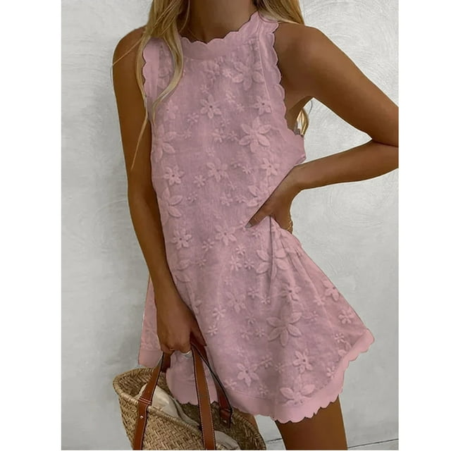 Mefallenssiah Robe d'Été Unie pour Femmes Style Frais Couleur Unie Brodée en Dentelle Col Rond