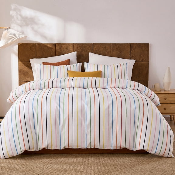 Rainbow Striped Duvet Cover Set Queen Size, 100% Cotton Bedding Set with Zipper Closure & 8 Corner Ties, Luxury Linen Like Bedding, Soft Breathable Comforter Cover for All Seasons
