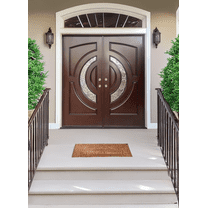 72" x 80" Environment Damage Resistant Polyurethane Composite Exterior Entry House Front Door, Openable Tempered Rain Glass Window, Right-Hand Double Door Inward Swing Dark Walnut
