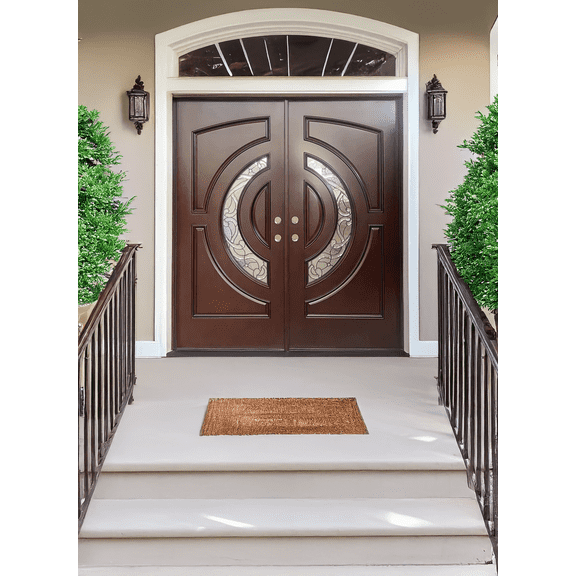 72" x 80" Environment Damage Resistant Polyurethane Composite Exterior Entry House Front Door, Openable Tempered Rain Glass Window, Right-Hand Double Door Inward Swing Dark Walnut