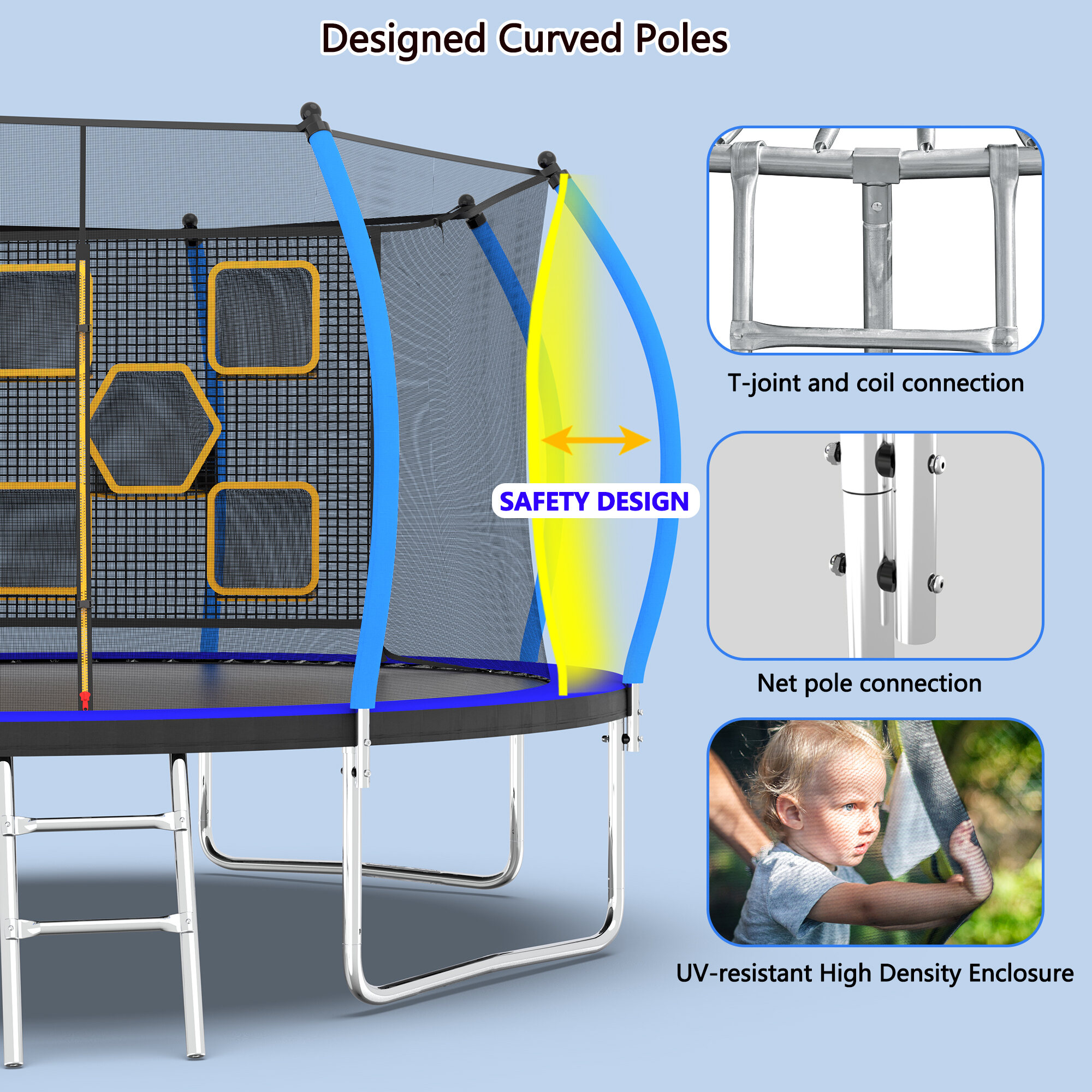 Mini Trampoline, 12FT Trampoline with Enclosure - Recreational Trampolines with Ladder, ASTM Approval Outdoor Trampoline for Kids, Black+Blue Trampoline For Kids,Steel Fitness Trampoline