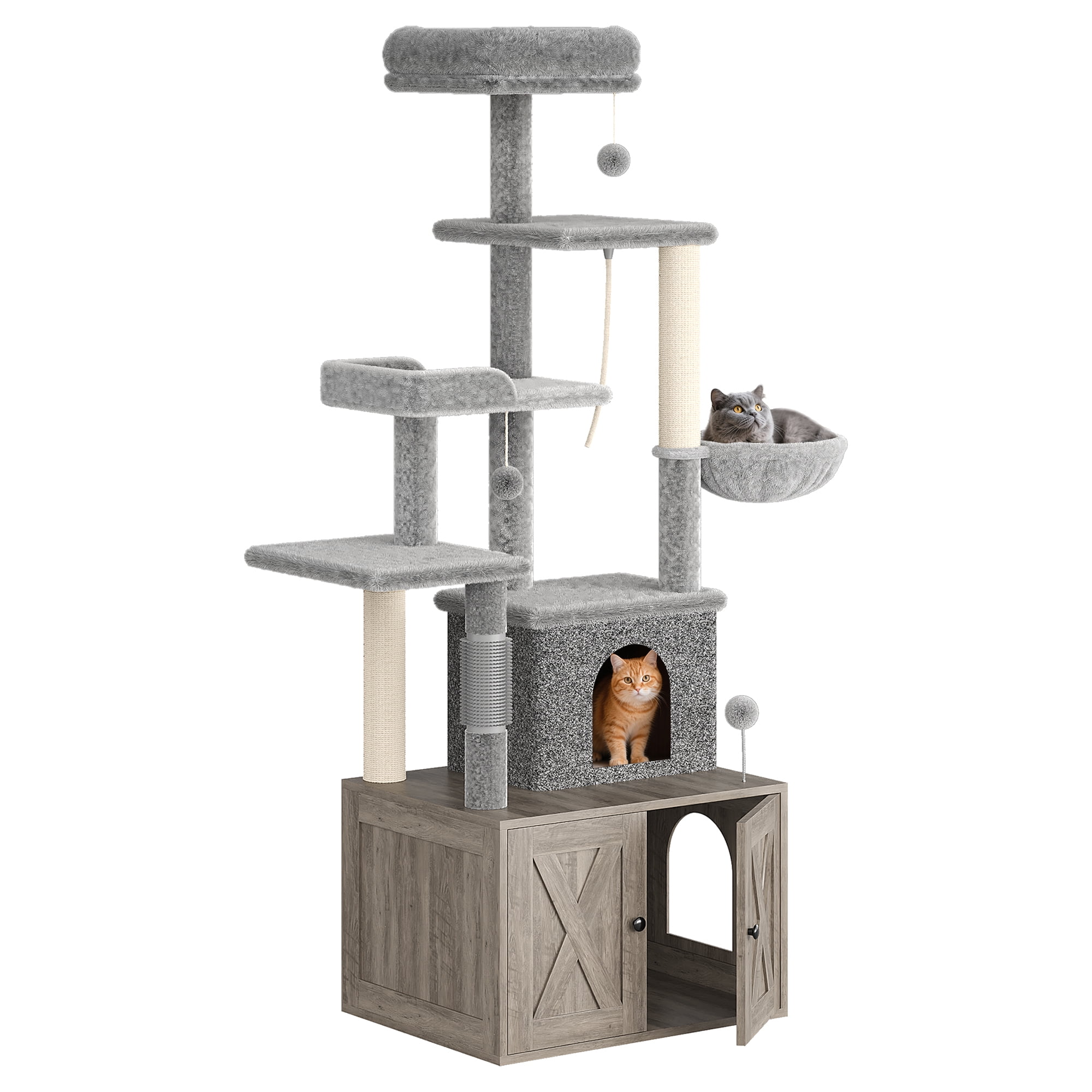 Accreate 2-in-1 Cat Tree with Hidden Litter Box Enclosure, Multi-Level Cat Tower with Scratching Post and Dangling Balls, Spacious Hammock, Indoor Cat Condo