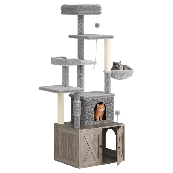 Cat Tree with Litter Box Enclosure 2 in 1 Modern Cat Tower Hidden Washroom Furniture Wood Condo with Scratching Post and Hammock for Small Medium Cats Gray