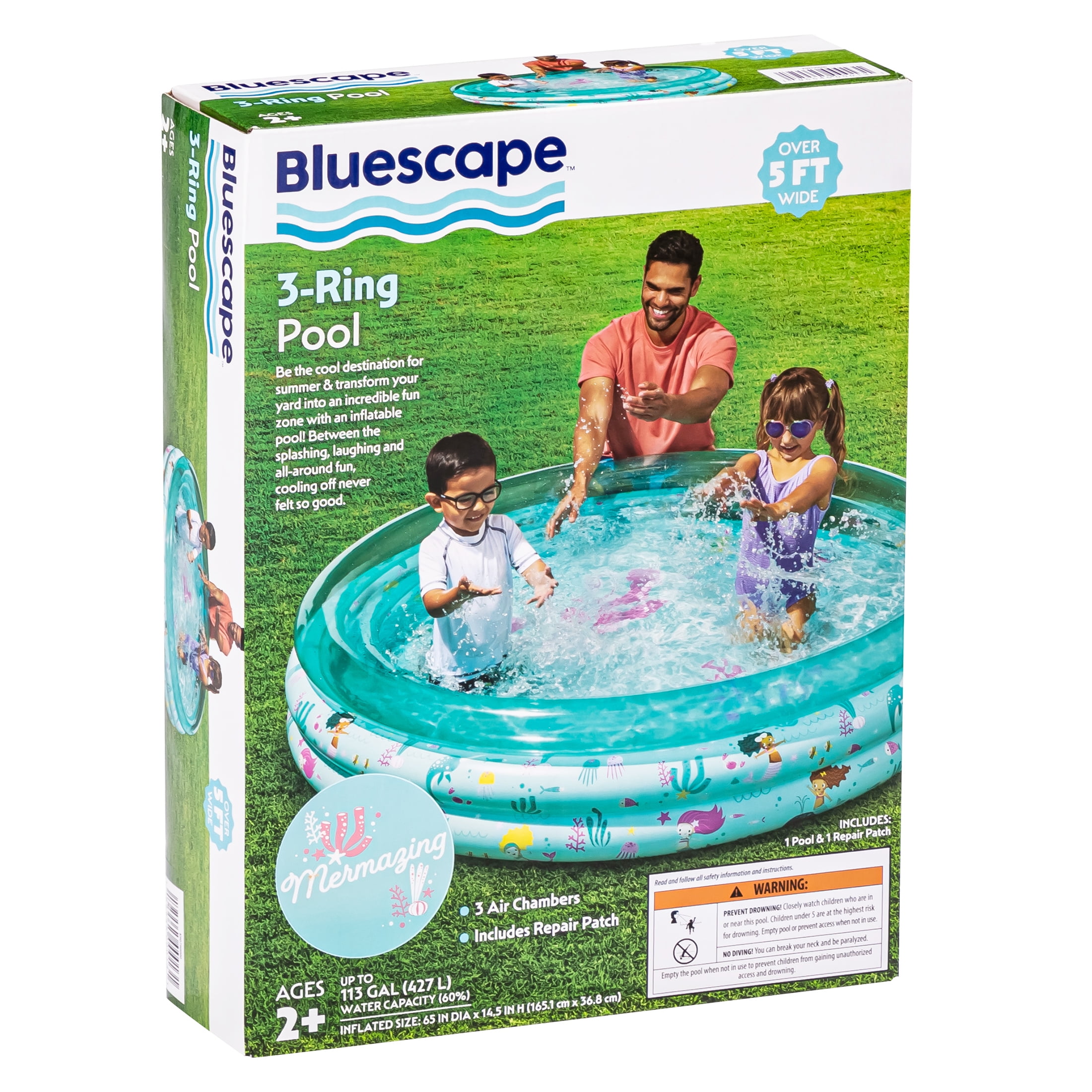 Bluescape Blue Mermaid 3-Ring Inflatable Swimming Pool for Kids, Round, Age 2 & up, Unisex