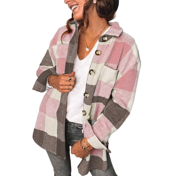 Flannel Wool Blend Plaid Lapel Button Down Shirt Long Sleeve Shacket Jacket with Pockets