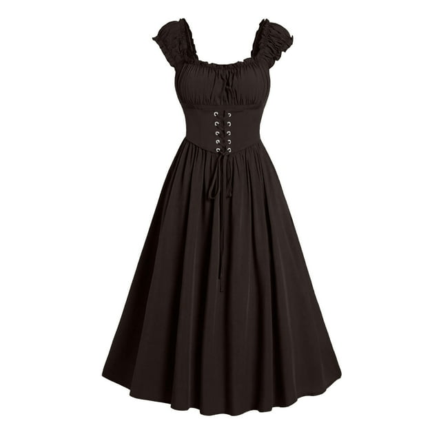 Jsaierl Robe Corset pour Femmes Vintage Renaissance Robe Cottagecore Sans Manches Midi Été Plissée Robes Smockées Lacées Ligne A Robes de Soirée