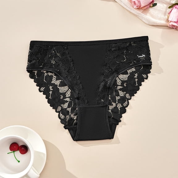 Avrnliq High Waisted Lace Briefs for Women, Soft Stretch Floral Trim Panties, Breathable Black Underwear, S-XL,Size L