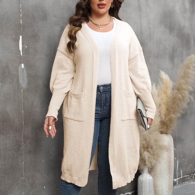 Frostluinai Plus Size Cardigans for Women Open Front Long Knit Cardigans Long Sleeve Drop Shoulder Cardigan Sweaters with Pockets Clearance
