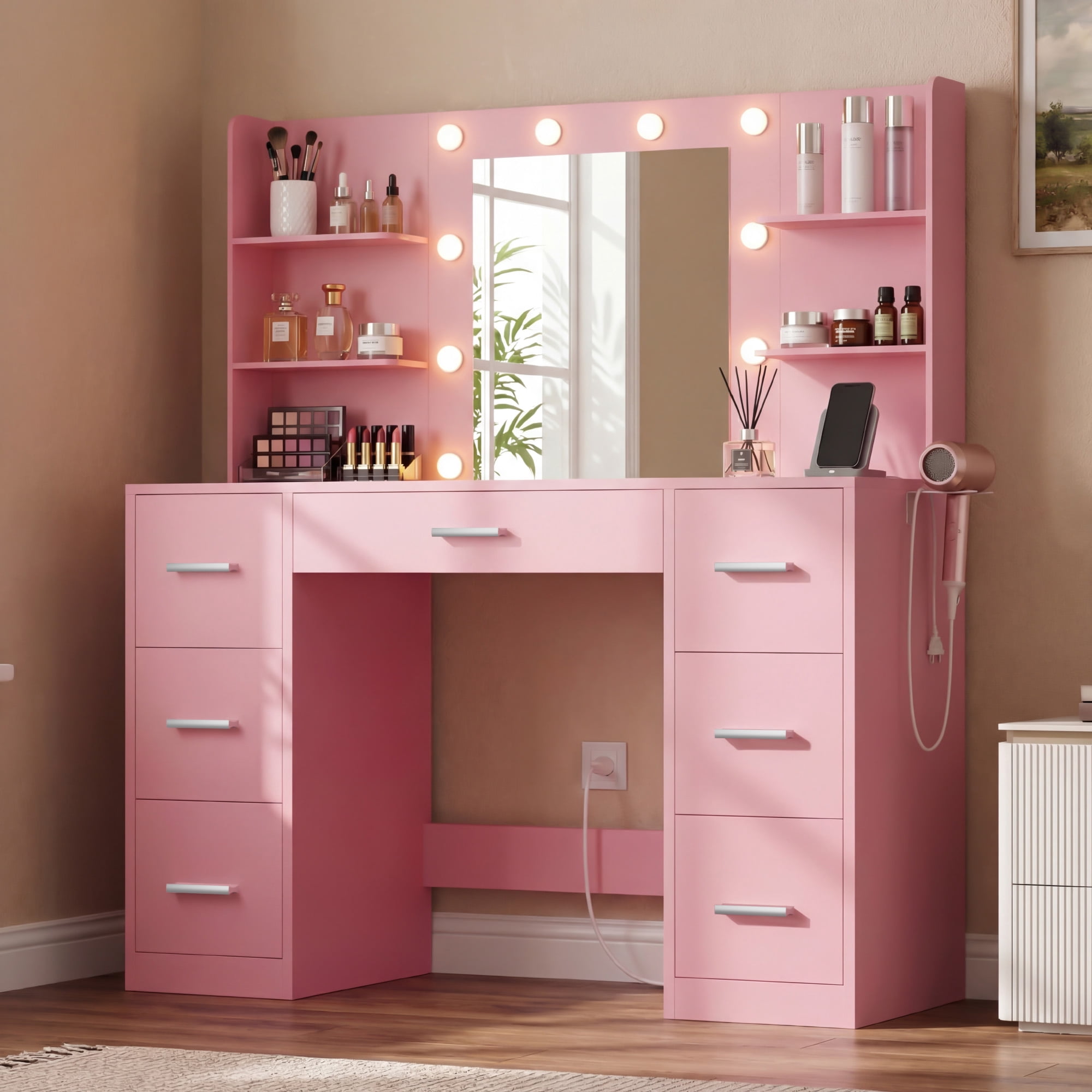 Lacoo Vanity Desk with Mirror and LED Lights, Makeup Vanity with 7 Drawers & 4 Shelves, Vanity Table with Power Outlet for Bedroom Dressing Room, Light Pink